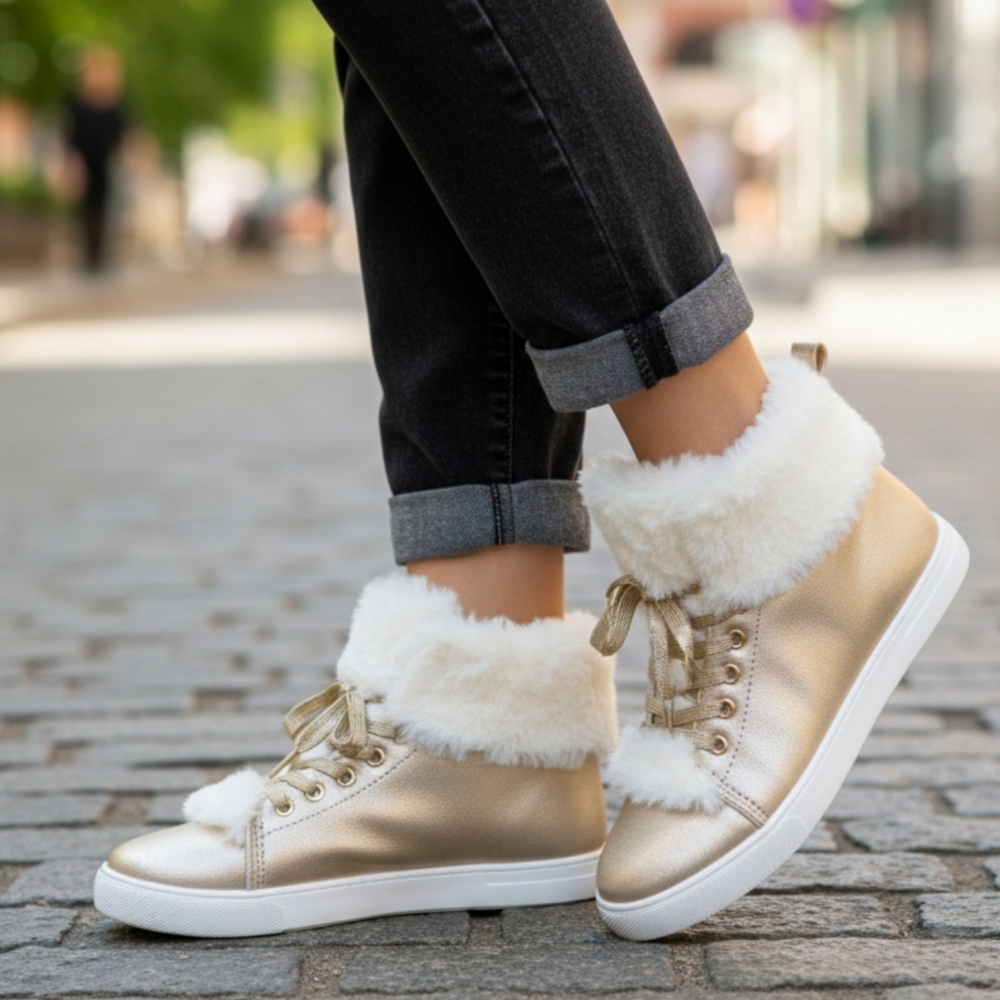 Fabkids ✦ High-Top Sneakers ✦ Gold Faux Fur Plush Ankle Lace-Up Grip Sole 4 NWT
